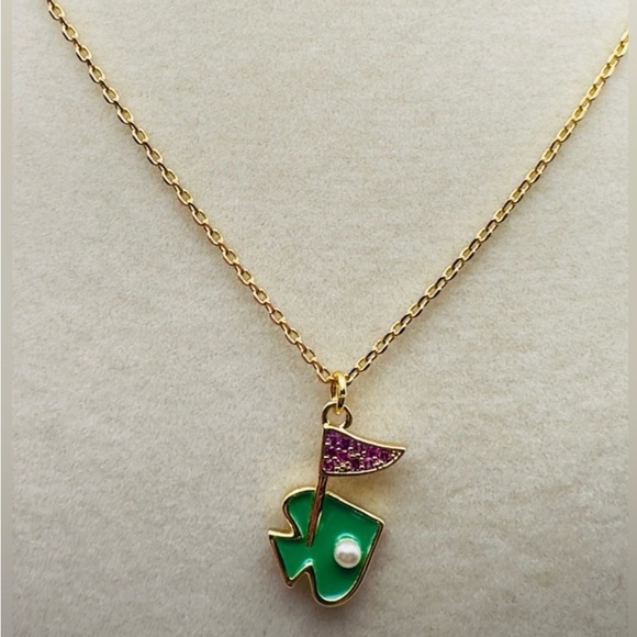 Kate Spade Gold Necklace with Green and Pink Golf Tee Pendant. New - Picture 3 of 5